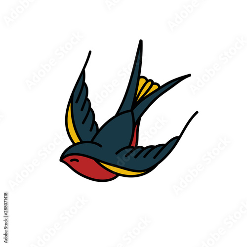swallow doodle icon, traditional tattoo illustration