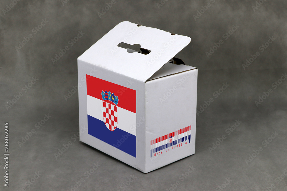 Croatia flag on white box with barcode and the color of nation flag, paper packaging for put products. Croatia flag on white box with barcode and the color of nation flag, paper packaging for put products.