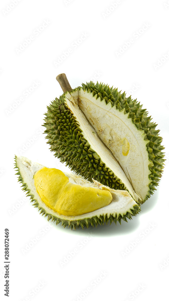 Fototapeta premium Durian, the most famous fruit. Whole and ripped