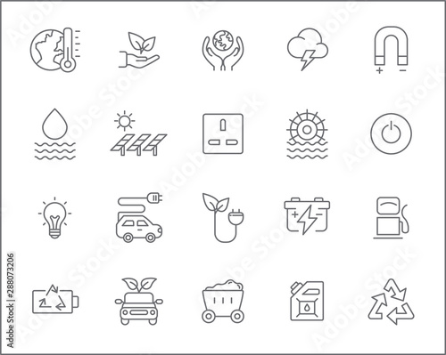 Set of energy and solar power Icons line style. Included the icons as solar paanels,  green energy, oil, ecology, power socket And Other Elements. customize color, stroke width control , easy resize.