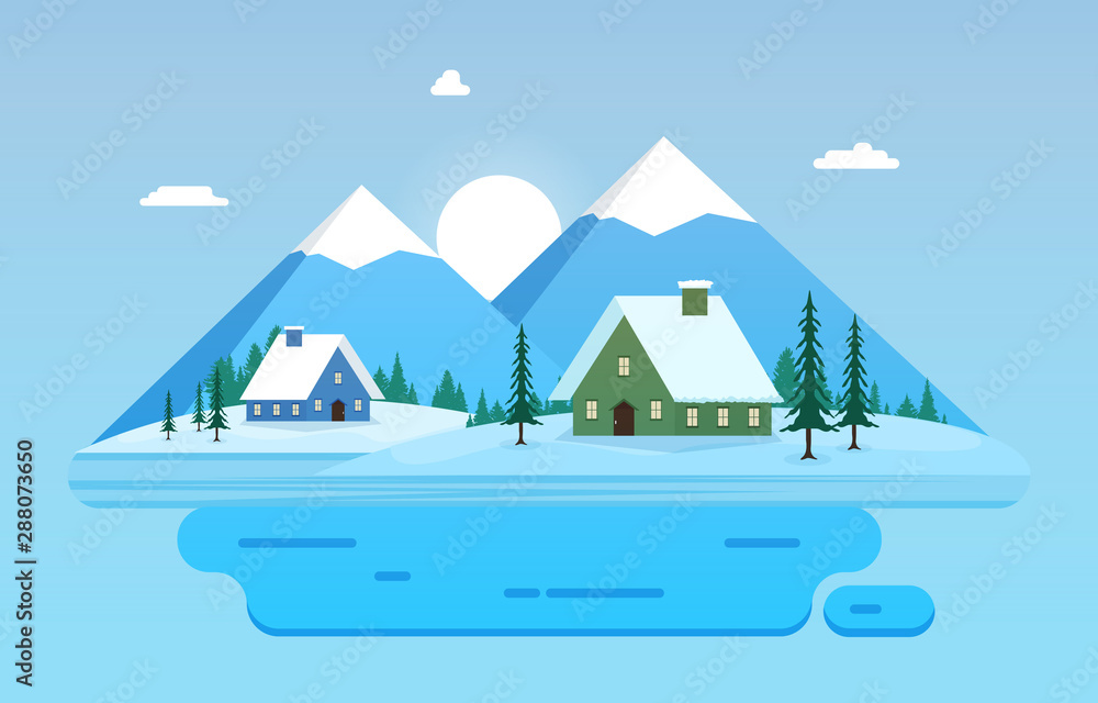 Winter Scene Snow Landscape with Pine Trees Mountain Simple Illustration