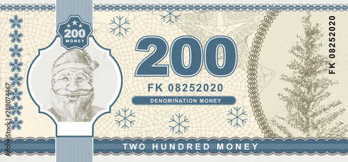 Vector money banknotes illustration with portrait of Santa Claus. State currency. Back sides of money bills. Fake money. Two hundred money