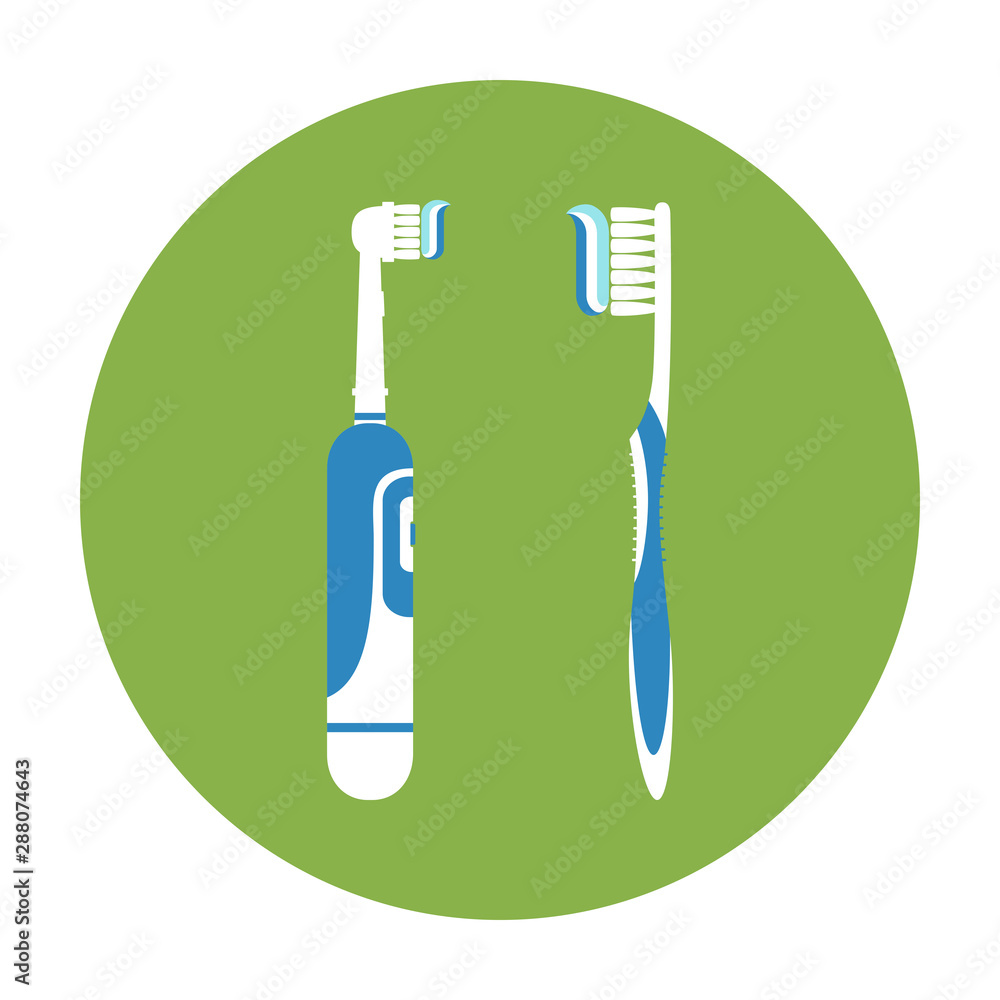 electric and handle toothbrush with toothpaste for brushing teeth - dental cartoon vector flat style electric and handle toothbrush with toothpaste for brushing teeth - dental cartoon vector flat style