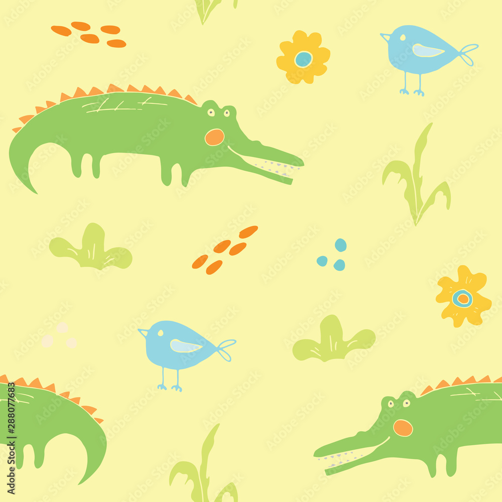 Naklejka premium Cute Crocodile or Alligator with little bird Seamless Pattern, Cartoon Hand Drawn Animal Doodles Vector Illustration background