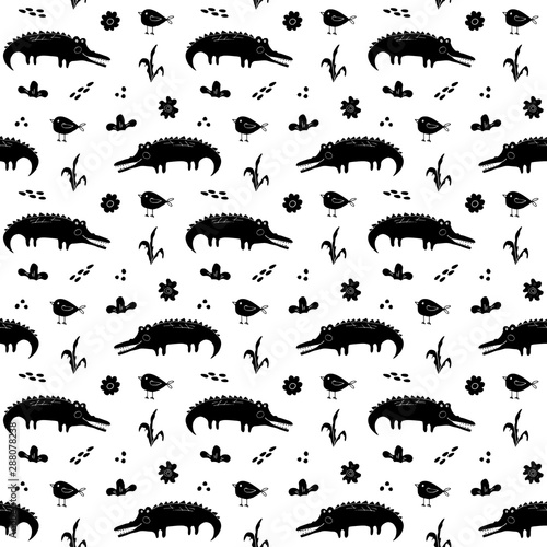 Cute Crocodile or Alligator with little bird Seamless Pattern, Cartoon Hand Drawn Animal Doodles Vector Illustration background © saint_antonio