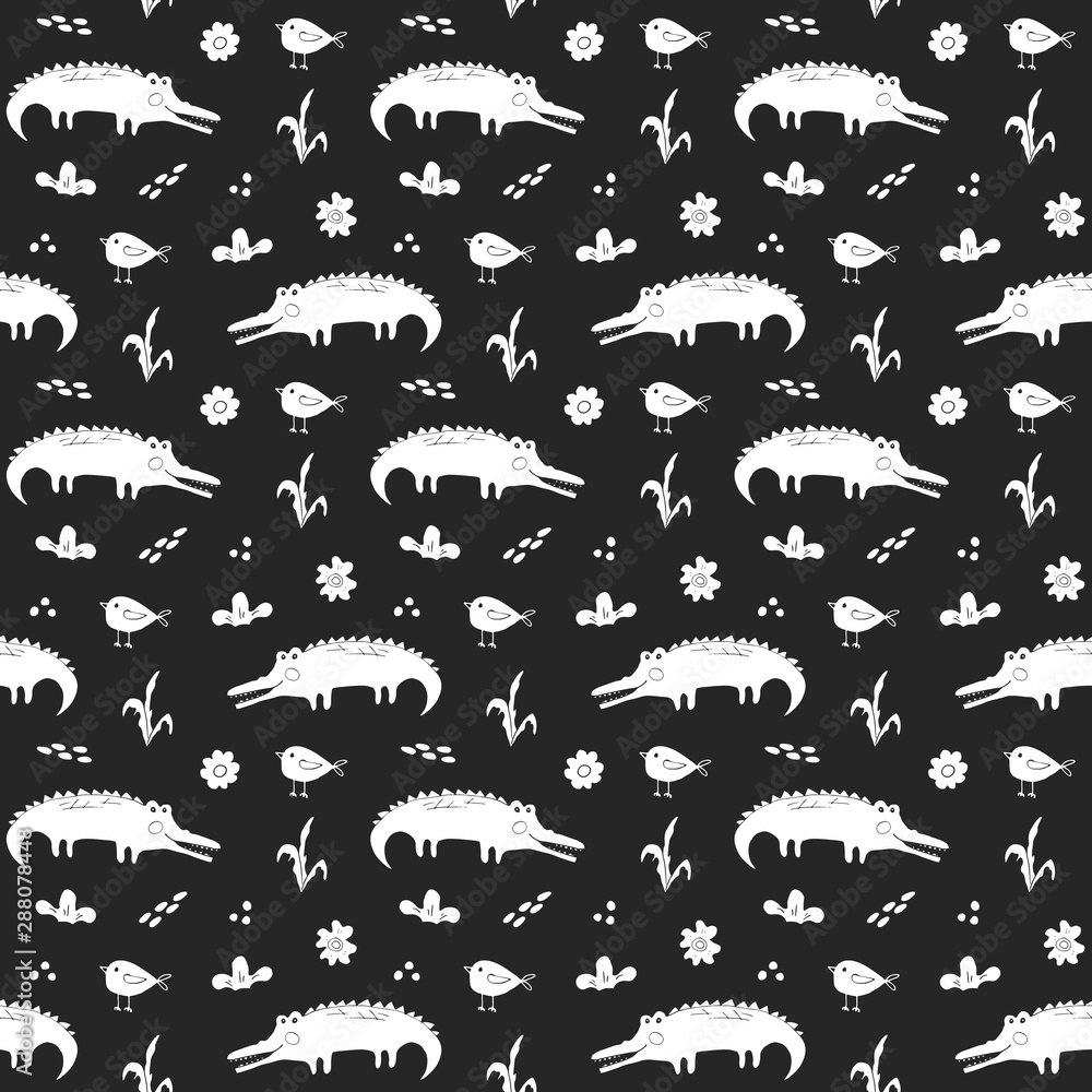 Naklejka premium Cute Crocodile or Alligator with little bird Seamless Pattern, Cartoon Hand Drawn Animal Doodles Vector Illustration background