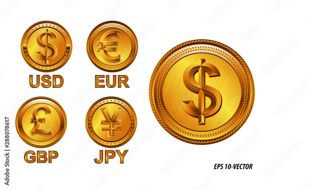 famous world currencies in golden coin concept. easy to modify famous world currencies in golden coin concept. easy to modify