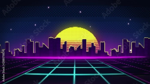 pixel art style road to the city during sunset