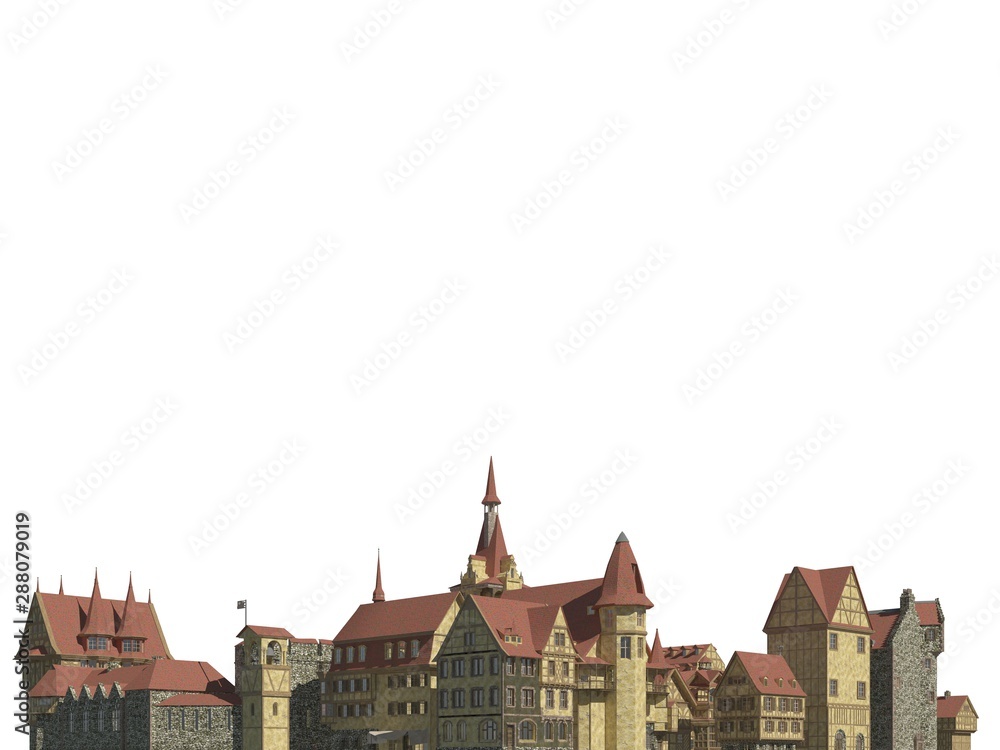 Fototapeta premium Medieval Cityscape Isolated on White Background 3D Illustration