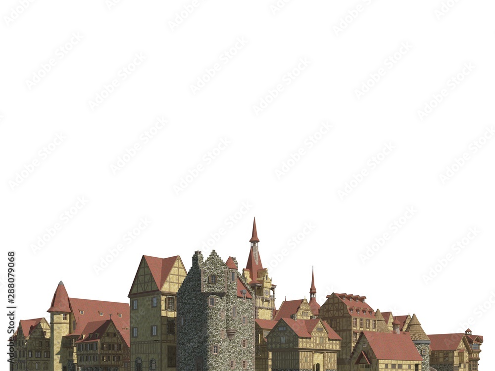 Medieval Cityscape Isolated on White Background 3D Illustration