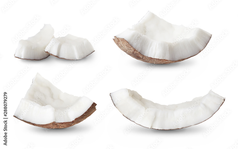 set of coconut pieces isolated on white - obrazy, fototapety, plakaty 