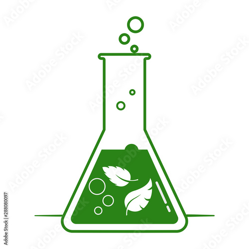 Leaf inside a flask. Flat. Isolated. On white background. 