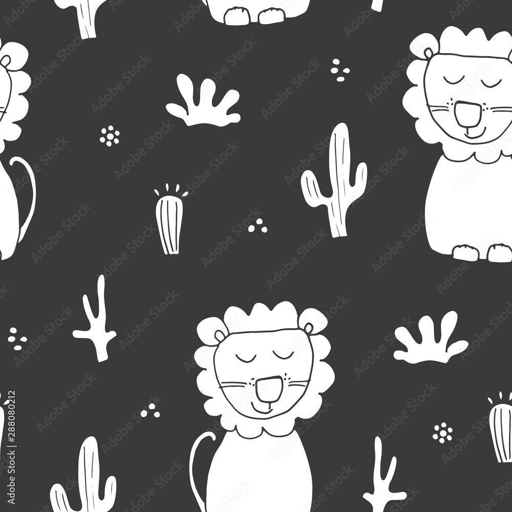 Fototapeta premium Cute Lion Seamless Pattern, Cartoon Hand Drawn Animal Doodles Vector Illustration Background