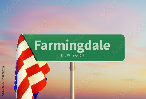 Farmingdale – New York. Road or Town Sign. Flag of the united states. Sunset oder Sunrise Sky. 3d rendering photo