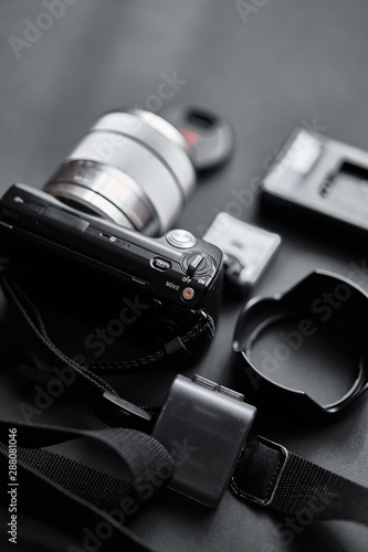 camera lens on black background
