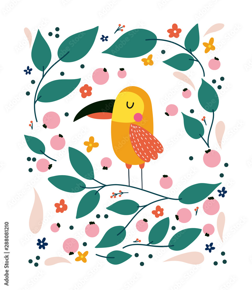 Cartoon parrot vector illustration, tropical leaves. Childish print for T-shirt, cloth, baby wear, kid’s room decoration.