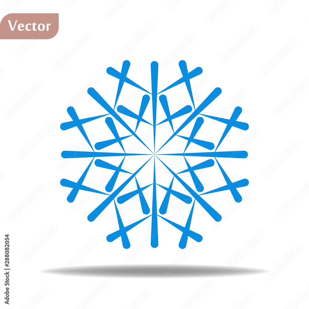 Snowflake icon. Blue silhouette snow flake sign, isolated on white background. Flat design. Symbol of winter, frozen, Christmas, New Year holiday. Graphic element decoration. Vector illustration