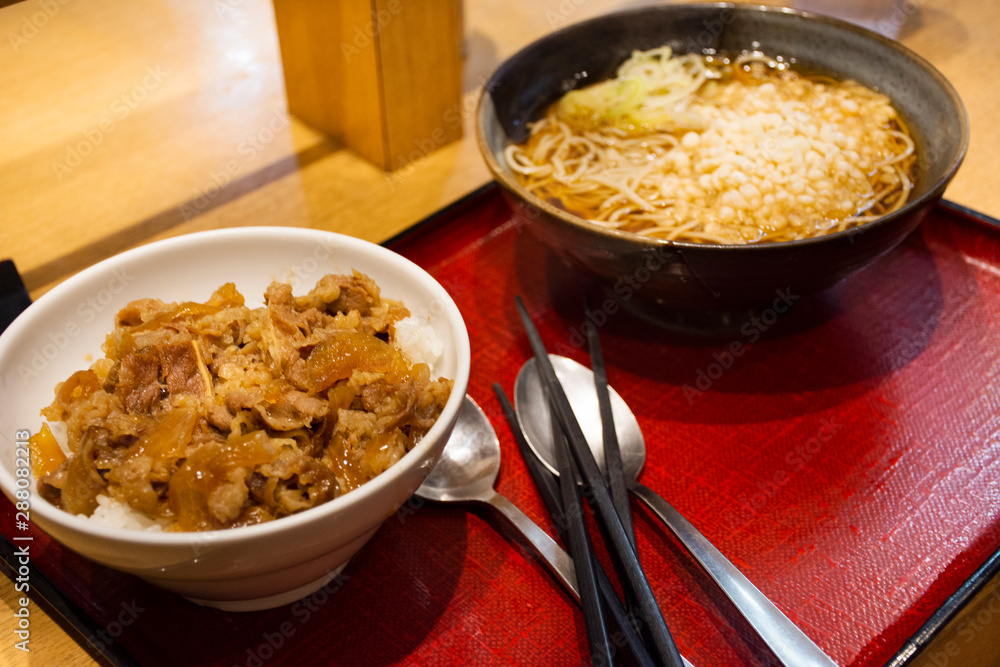 Japanese food set meat gyudon with rice or garlic fried rice recipe ...