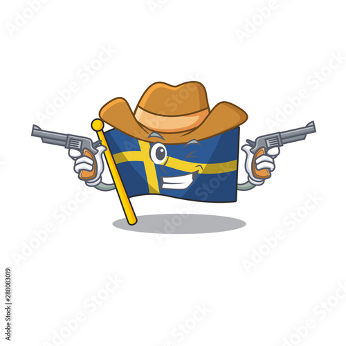 Cowboy flag sweden character hoisted in cartoon pole