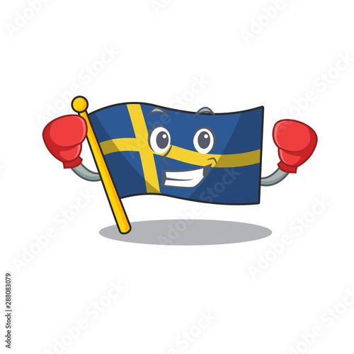 Boxing flag sweden character hoisted in cartoon pole