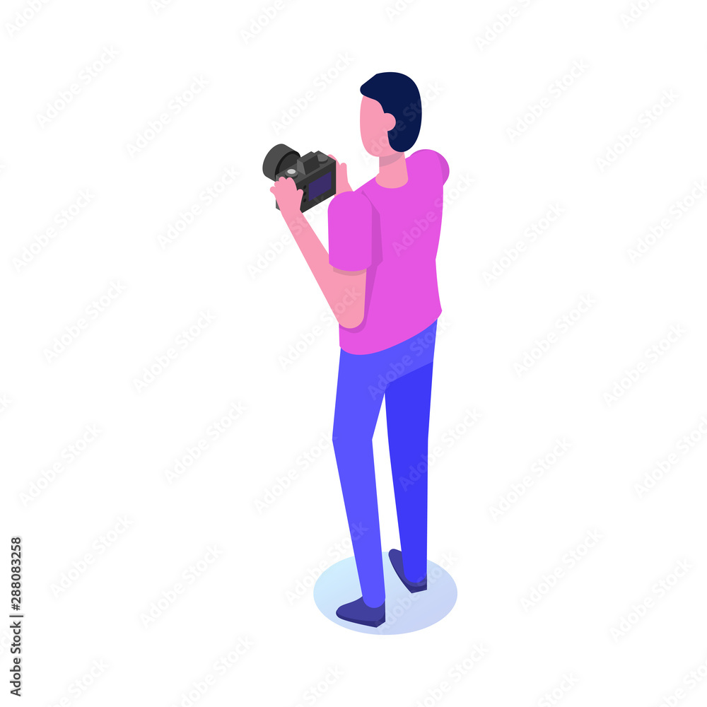 Professional photographer isometric character. Vector Illustration.