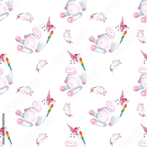 Seamless pattern. Unicorns with rainbow mane on white background. Hand drawn watercolor illustration.