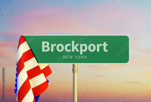 Brockport – New York. Road or Town Sign. Flag of the united states. Sunset oder Sunrise Sky. 3d rendering photo