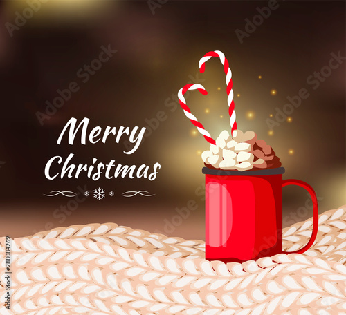 Cute "Merry Christmas" card design with mug of cocoa with marshmallows and candy cane. Vector illustration perfect for greeting card, poster, cover, banner. 