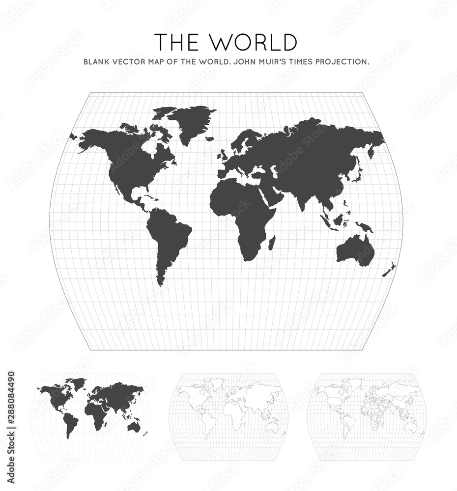 Naklejka premium Map of The World. John Muir's Times projection. Globe with latitude and longitude lines. World map on meridians and parallels background. Vector illustration.