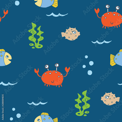 Cute Crab and fishes Seamless Pattern  Cartoon Hand Drawn Animal Doodles Vector Illustration Background