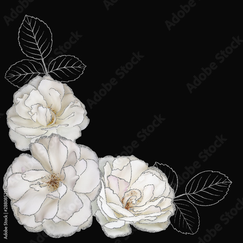 Fototapeta Naklejka Na Ścianę i Meble -  Floral corner arrangement of white glitter roses isolated on black background. Can be used for your projects, invitations, greeting cards.