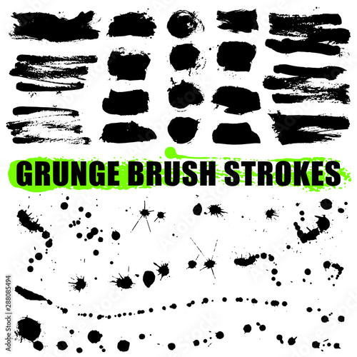 Brush strokes collection. Set of black hand drawn brushes isolated on white background for your design. Ink splatters. Black labels  background  paint texture. Vector