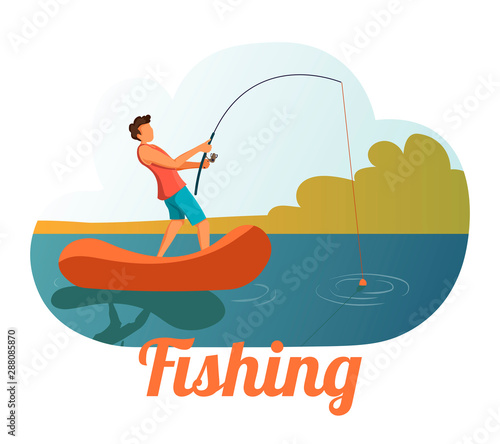 Poster design for fishing  fisherman  hobby. Young man standing in a boat with fishing rod. Vector illustration for poster  banner  cover  card.