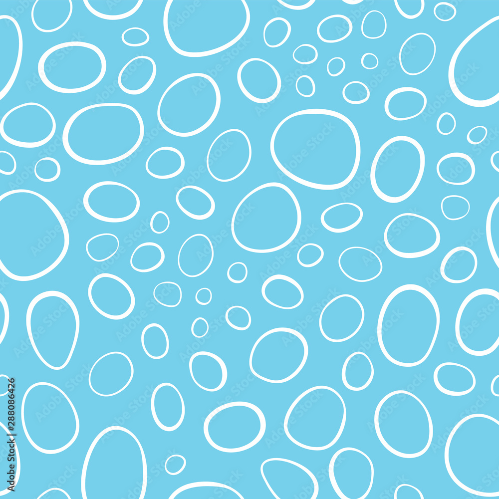 Hand drawn outined circle and oval shapes in tossed abstract seamless pattern. Vector design background in aqua and white.