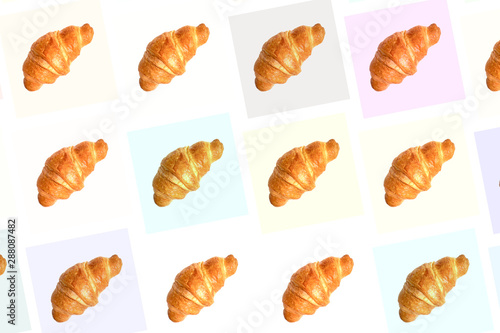 Fresh croissants seamless pattern on different colors checked background