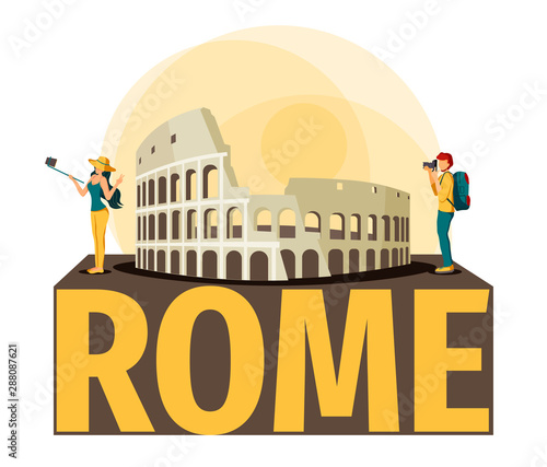 Travel Card with Roman Colosseum and tourists. 