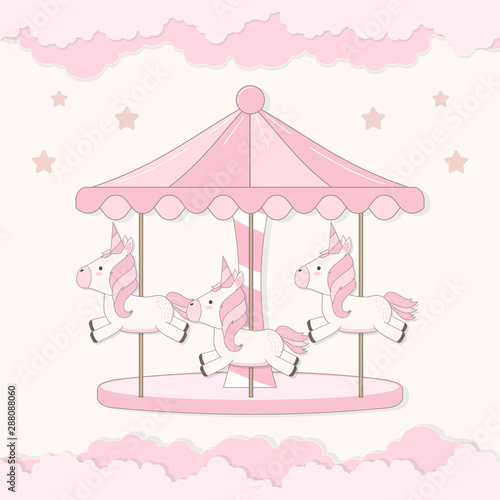 Carousel with cute unicorn and cloud illustration