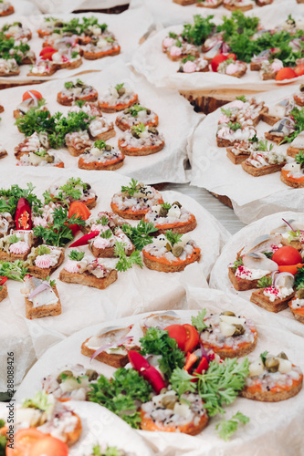 Close-up of tasty fresh and healthy sandwiches with fish, onion and cream cheese and vegetables. Crispy sandwiches with cream cheese, fish, black sesame, herring and tomatoes decorated with parsley.