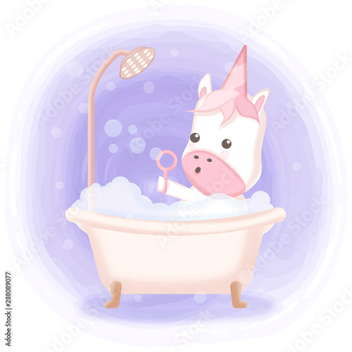 Cute unicorn taking bath in bathtub hand drawn cartoon illustration