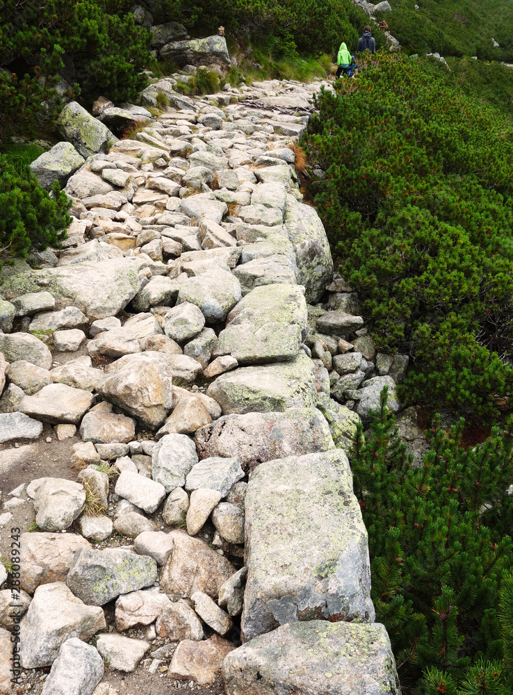 High mountain hiking trail made of stones