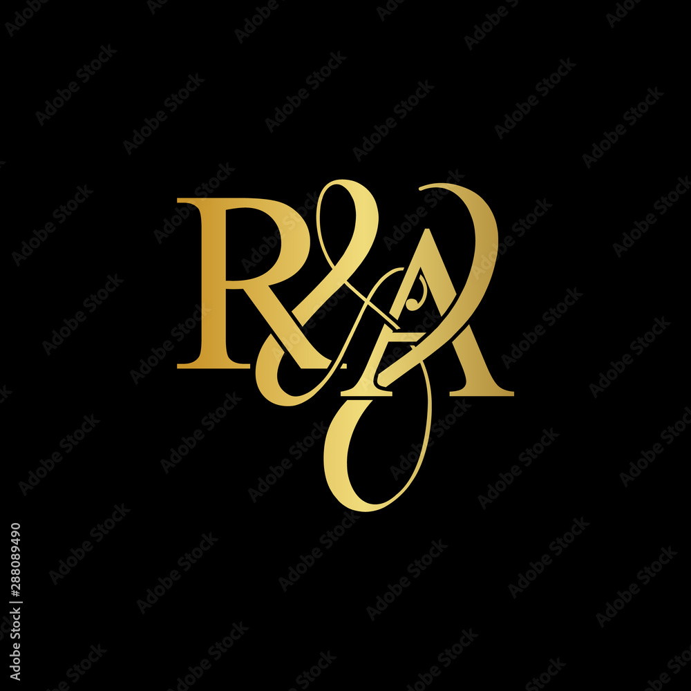 Initial letter R & RA RA luxury art vector mark logo, gold color on black background. - obrazy, fototapety, plakaty 