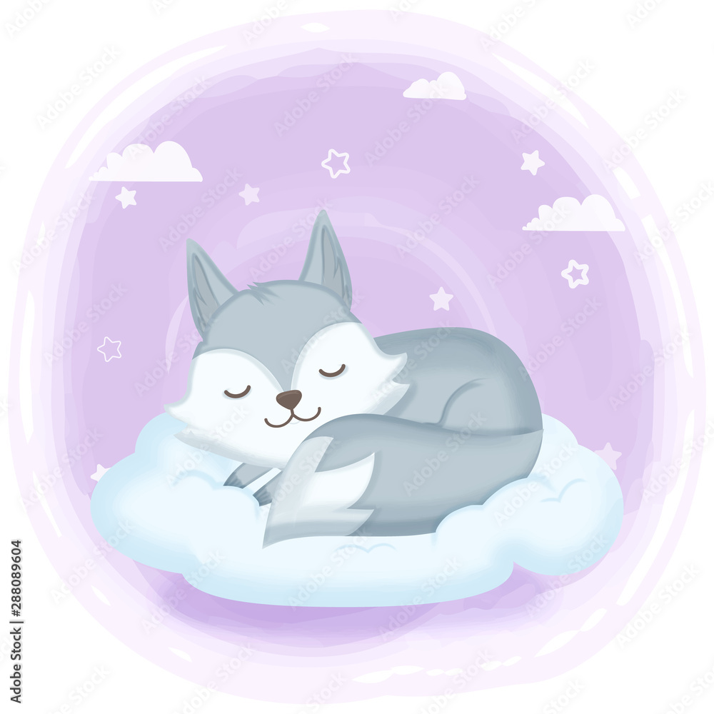 Obraz Cute fox asleep on cloud hand drawn cartoon illustration