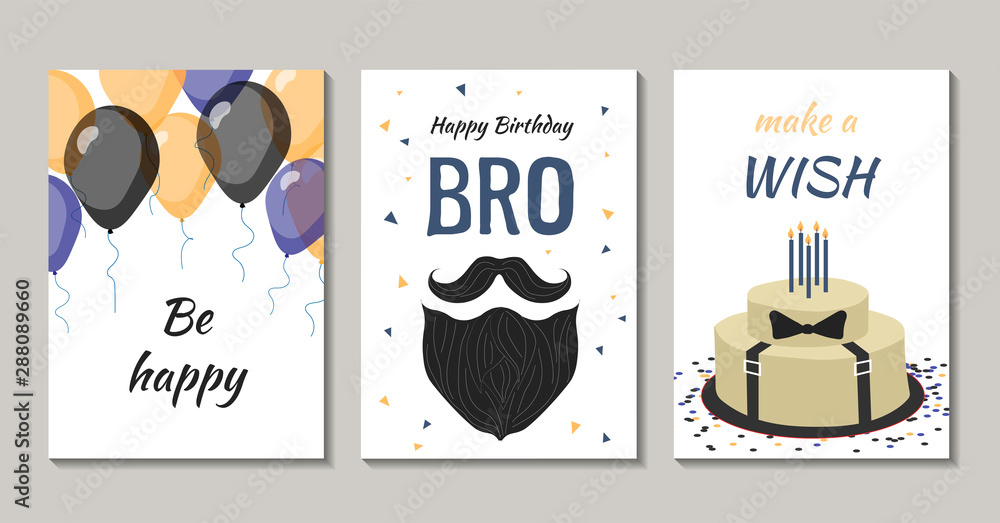 Set of birthday greeting cards design for man. There are balloons, cake with candles, confetti, man's beard and mustache.
