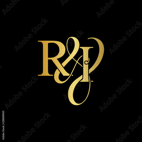 Initial letter R & I RI luxury art vector mark logo, gold color on black background.