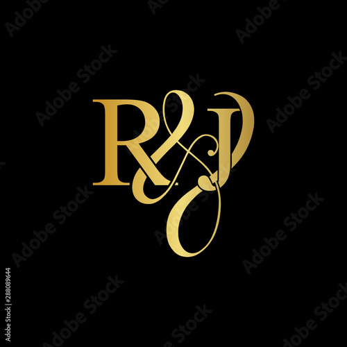 Initial letter R & J RJ luxury art vector mark logo, gold color on black background.
