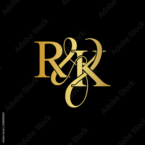 Initial letter R & K RK luxury art vector mark logo, gold color on black background.