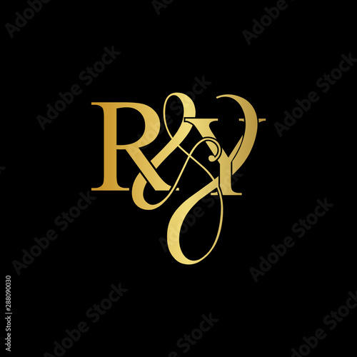 Initial letter R & Y RY luxury art vector mark logo, gold color on black background.