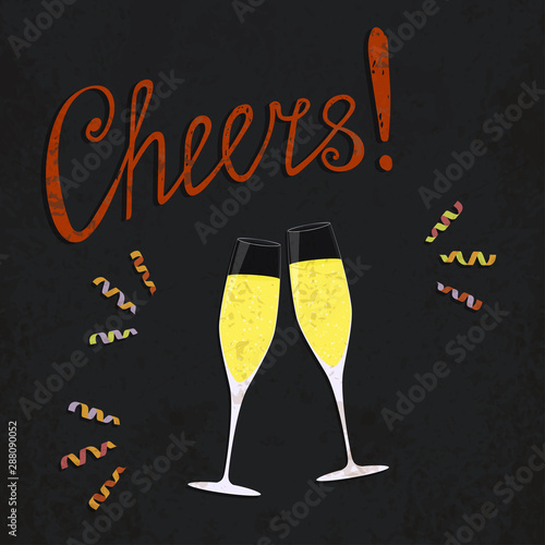 Vector toasting champagne glasses with colored curl ribbons. Retro style poster. Vintage illustration of stemwares with champagne hand written text "Cheers!" for cards and your own projects. EPS10.