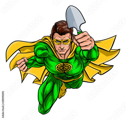 A super gardener hero or farmer superhero holding a garden spade