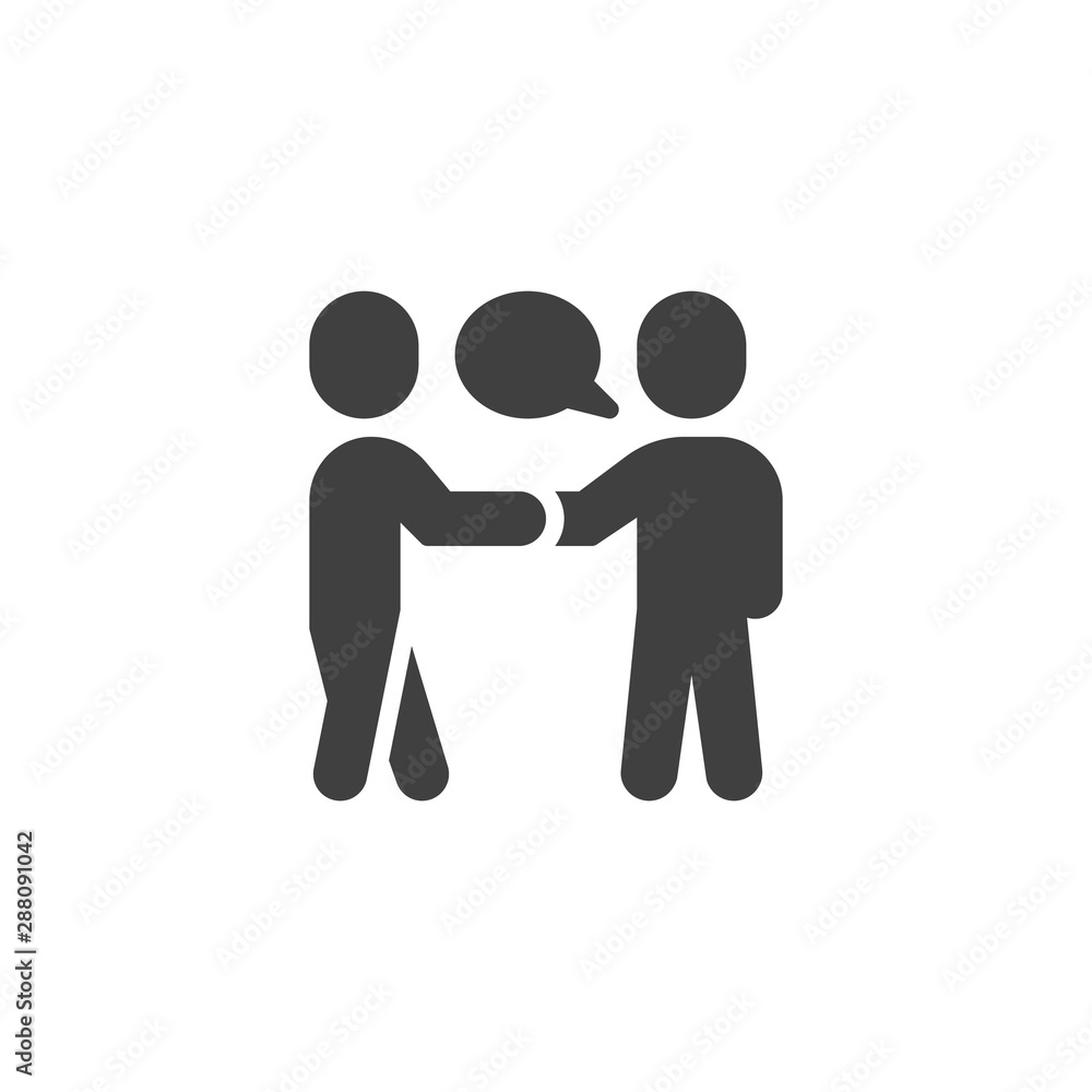 People meeting vector icon. Deal filled flat sign for mobile concept and web design. Two people handshake and speech bubble glyph icon. Symbol, logo illustration. Vector graphics People meeting vector icon. Deal filled flat sign for mobile concept and web design. Two people handshake and speech bubble glyph icon. Symbol, logo illustration. Vector graphics